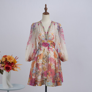 Nouvelle mini robe en lin de coton imprimé pour femmes du créateur de mode décontracté à manches longues col en v méthode de tissage tissé - Product Image 1