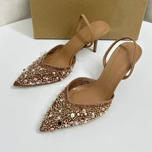 Sandales mules à talon aiguille sexy pour femmes, en maille ornée de perles abricot, à bout pointu et bride arrière - Product Image 2
