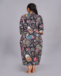 Multiple Design Printed 100% Cotton Long Sleeve Knee-Length Loungewear <b>Robe</b> with Drawstring Closure for Women's <b>Beach</b> Cover-Up - Product Image 2