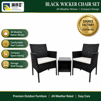 Ensemble de meubles de patio extérieur 3 pièces en rotin PE noir, 2 fauteuils, table d'appoint carrée avec plateau en verre