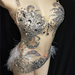 Conjunto de Disfraz Sexy y Lindo para Bailarina Latina de Club Nocturno, con Plumas, Diamantes de Imitación, Abertura Alta, Elástico, para Actuaciones en Escenario - Product Image 2
