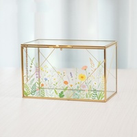 Boîte à bijoux en métal et verre rectangulaire dorée de haute qualité, vitrine haut de gamme avec décoration élégante pour le rangement