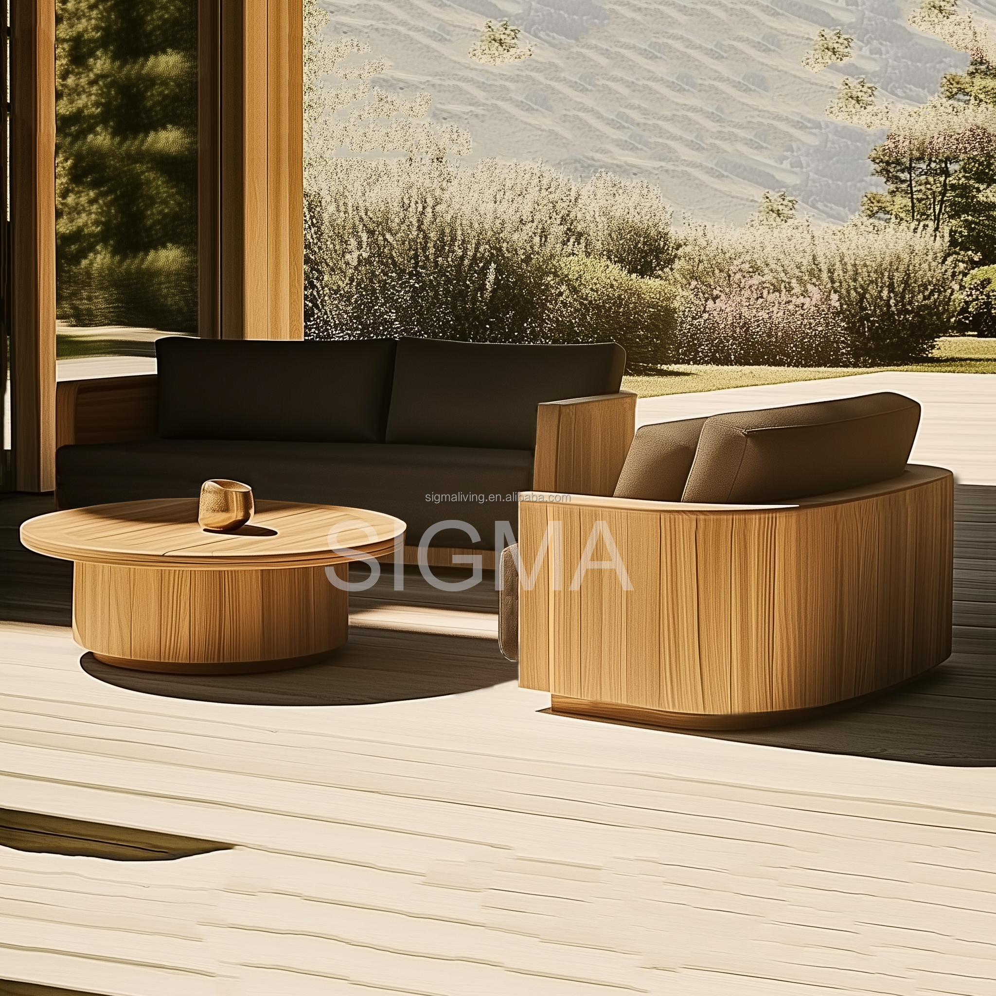 Jinhua Sigma Luxury Modern Outdoor Garden Sofa Set Teak Solid Wood with Fabric for Hotels Villas Parks and Living Room