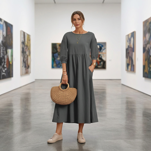 <span class=keywords><strong>Robe</strong></span> décontractée ample en coton et lin à manches longues et manches lanternes coupe trapèze anti-rides pour femme – Collection Printemps 2026 - Product Image 1