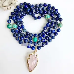 MN19806 Blue Lapis Lazuli Rose Quartz Mala Prayer Beads Necklace Hand Knotted Buddhist Meditation Mala Beads