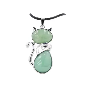 Natural Crystal Stone Green Aventurine Pendant Gemstone Healing Crystals Necklace Cat Pendant White Turquoise Pendant