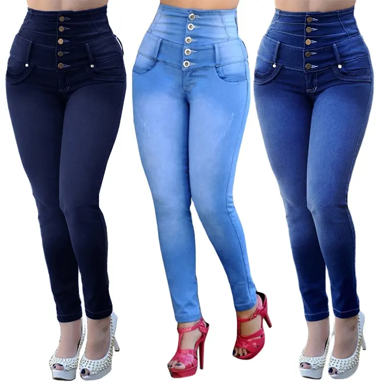 Celana Jeans Kurus Wanita, Celana Pensil Denim Biru Pinggang Tinggi Regang