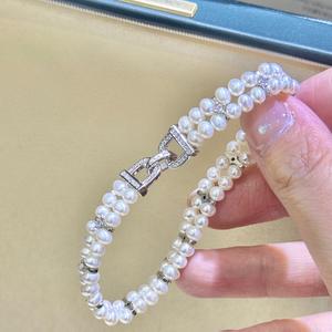 <span class=keywords><strong>Bracciale</strong></span> di Perle a Doppia Fila di Alta Qualità con Zirconi e Placcatura in <span class=keywords><strong>Oro</strong></span> 14K, Perle Naturali d'Acqua Dolce per Donne e Ragazze - Product Image 4