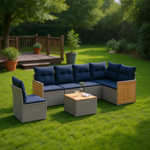 Ensemble de canapés de jardin en polyrotin 7 pièces avec coussins, mobilier d'extérieur au design contemporain en panneaux de teck - Product Image 2