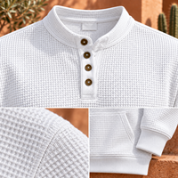 Sweat-shirt Henley pour homme en tissu gaufré, col montant, manches longues, poche kangourou, logo personnalisé, OEM, ODM, marque privée, vente en gros