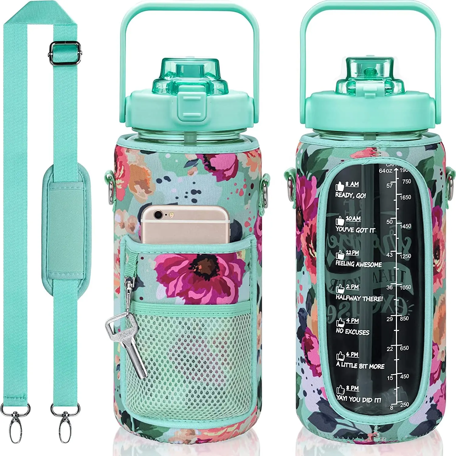 NPOT Half Gallon Water Bottle Insulated with Carry Strap and Cellphone Holder Camo Grey Plastic Sports PS Adults Outdoor Bottle