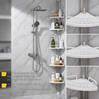 Étagère d'angle de douche à tension en acier inoxydable, 4 niveaux réglables, sans perçage, avec crochets et barre porte-serviettes, gain de place