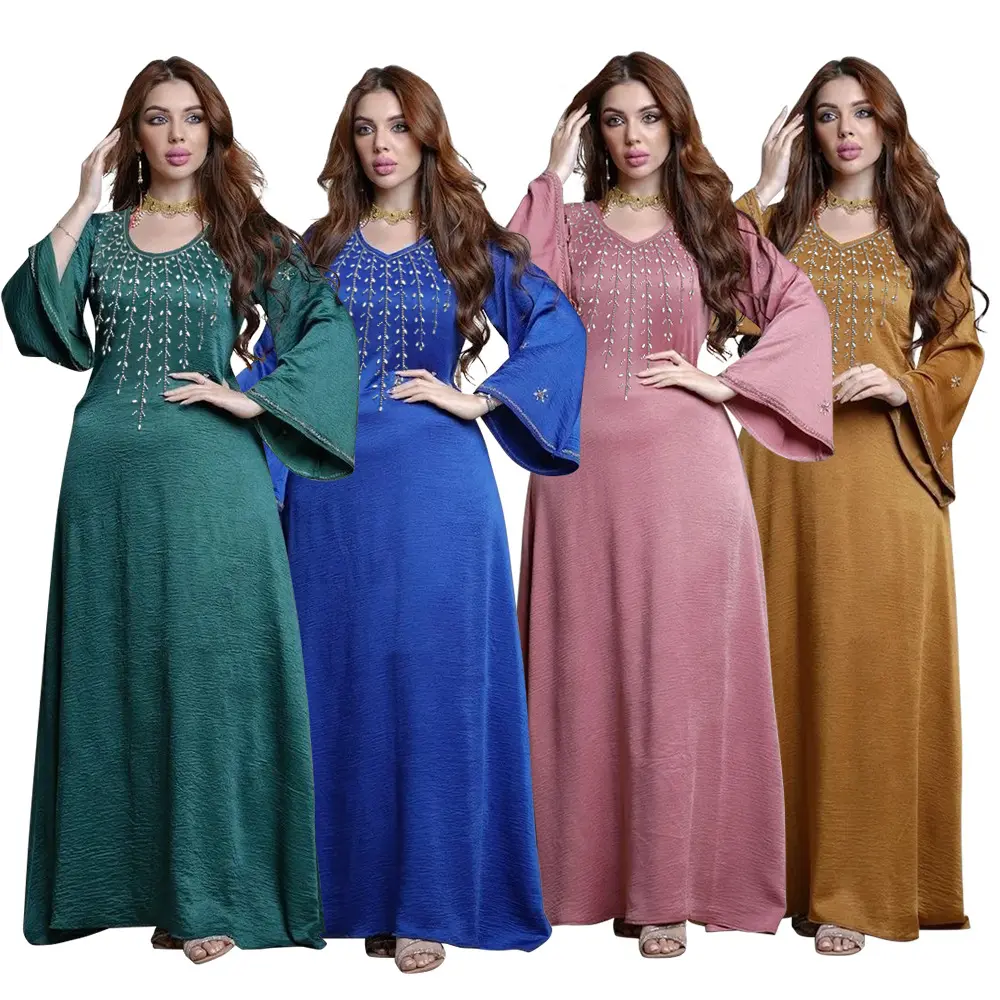 Venta al por mayor nuevo Color sólido suelto cuello en V vestido de tela túnica musulmana Dubai mujeres manga larga diamante vestido Abaya árabe plisado Kaftan