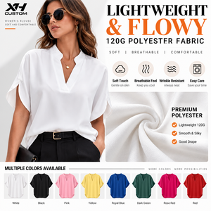 Custom Women Blouse Loose Fit <b>Batwing</b> Sleeve Split Neck Short Sleeve Polyester Casual Summer Tops Wholesale - Product Image 2