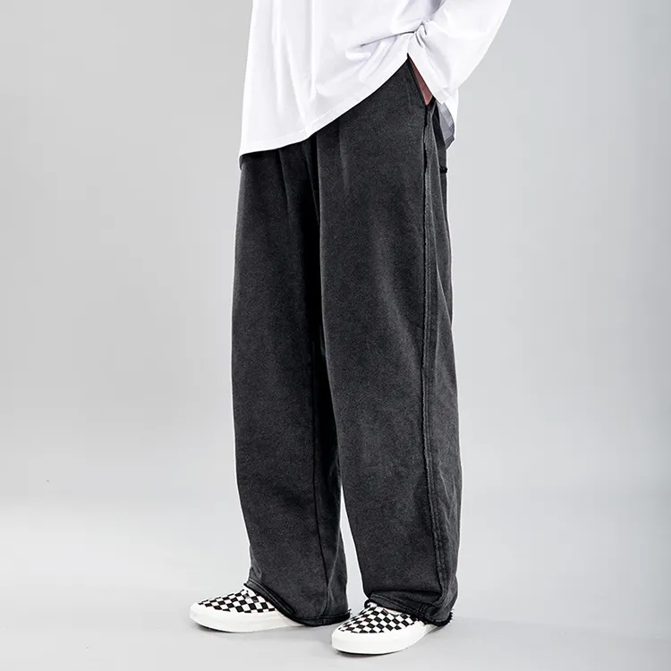 الرجعية تتجه مرونة الخصر فضفاض بناطيل كاجوال رجل حمض غسل رمادي Sweatpants أزياء رياضية واسعة الساق السراويل الشارع الشهير الرجال