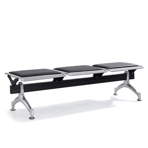 Banco de Tres Plazas Ssyou Gris Plateado con Asiento de Cuero Negro para Sala de Espera Pública, Aeropuerto, Estación de Tren - Product Image 5