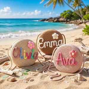 Personalized Kids <b>Straw</b> <b>Crossbody</b> <b>Bag</b>, Custom 3D Name with Flower, Round Woven Shoulder Purse, Little Girls Beach Travel Gift - Product Image 1