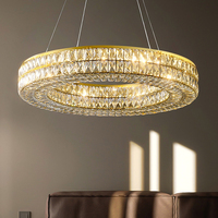 Lustre moderne à 2 niveaux en cristal, luminaire suspendu circulaire LED à cadre doré, plafonnier suspendu à intensité variable pour salon