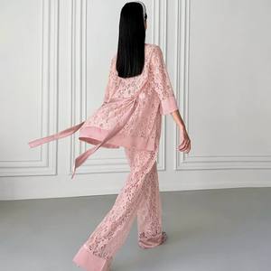 Fabricantes logotipo personalizado pijamas mujeres Sexy hueco Pijamas Color sólido Homewear cárdigan pantalones dos piezas encaje ropa de dormir conjunto - Product Image 5