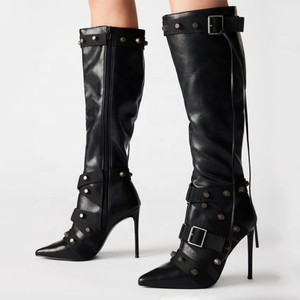 Nuevas Botas de Tacón de Aguja Plateadas de Moda para Mujer con Cremallera Lateral, Puntera Puntiaguda, Tachuelas Metálicas y Tiras Cruzadas, Botines Largos de Mezclilla - Product Image 6