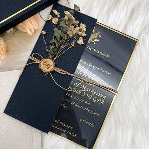 Luxury Navy Blue <strong>Graduation</strong> <strong>Invitation</strong> Set, Custom Acrylic <strong>Invitation</strong> with Gold Foil Dried Flowers &amp; Wax Seal - Product Image 1