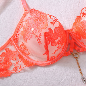 MXZ4161A Lingerie en dentelle <span class=keywords><strong>orange</strong></span> fluo pour femmes, ensemble de lingerie sexy trois pièces avec broderie florale, <span class=keywords><strong>jarretière</strong></span>, maille, lingerie sexy pour femmes - Product Image 5