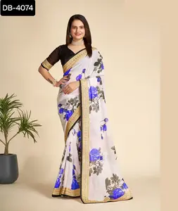 인도 에스닉 웨어 아름 다운 조젯 사리 꽃 무늬 프린트 사리 무거운 그물 salwar kameeez 정장 웨딩웨어 드레스