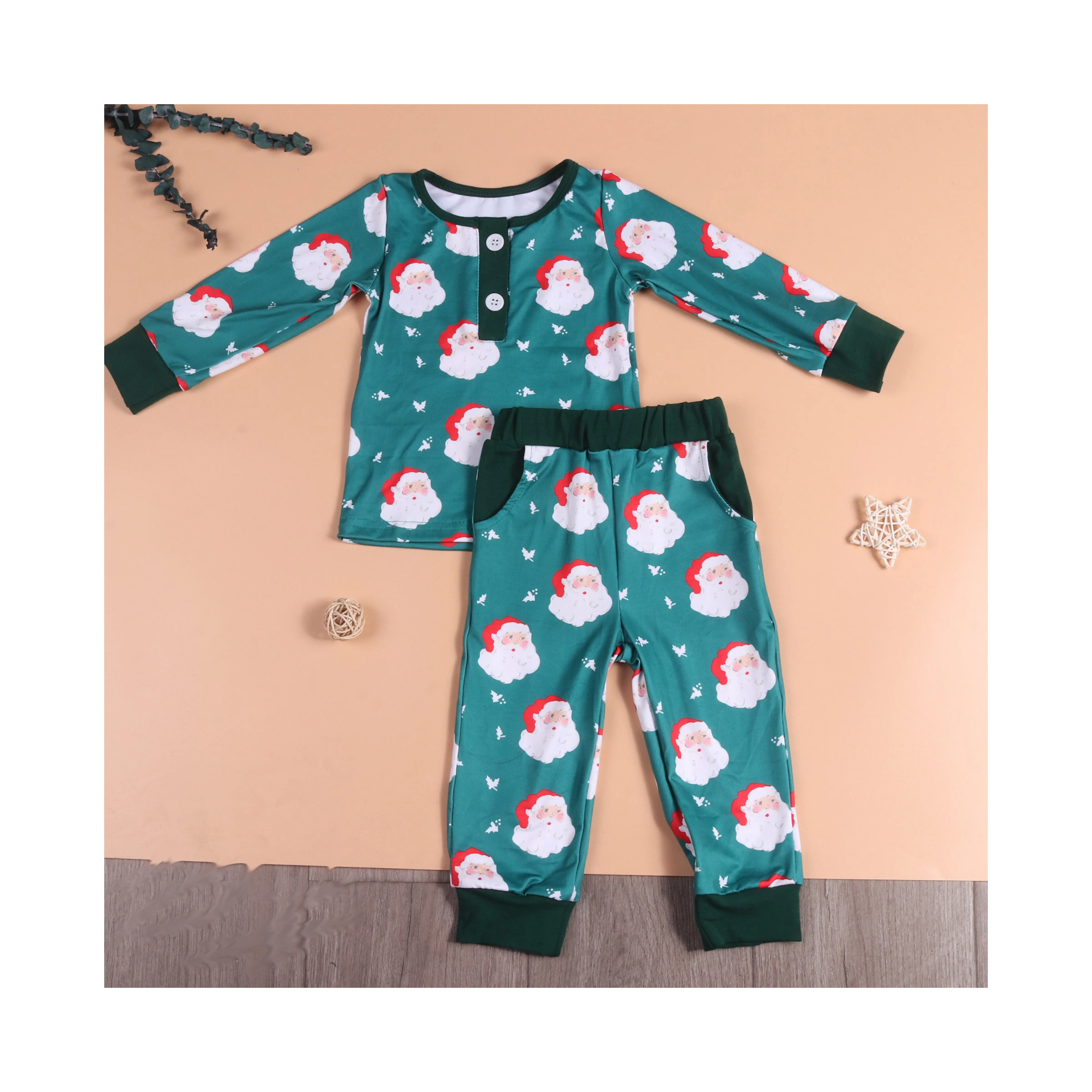 סיטונאים 100% כותנה אורגנית יוניסקס אבא ירוק חג המולד דפוס התינוק של הילד pj סט pj מטיט pajamas