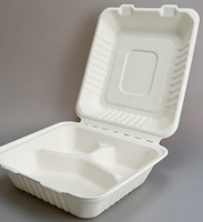 Boîte à lunch en bagasse de 8,7 pouces à 3 compartiments avec couvercle, biodégradable, micro-ondable, pour plats à emporter