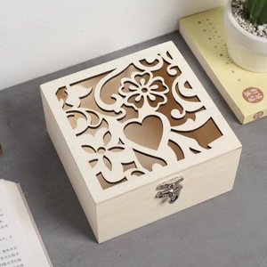 Hollowed Out Wooden Jewelry <b>Box</b> With <b>Lock</b> Heart Flower Design Storage Organizer For Gifts And Accessories - Product Image 2