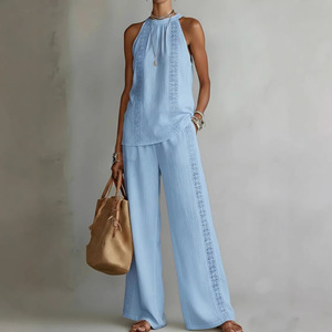 Conjunto de Dos Piezas para <span class=keywords><strong>Mujer</strong></span>, Estilo Retro Europeo y Americano, Top sin Mangas con Encaje Calado y Pantalones Anchos Cómodos - Product Image 2