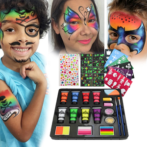 Kit de peinture pour le visage tout-en-un en gros |   8 tubes de peintures + paillettes |   Comprend des pinceaux, des pochoirs et des autocollants. - Product Image 1