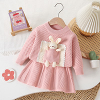 Titel Schattige gebreide trui en rokset voor peutermeisjes, 3D konijnenpop decoratie, lente-herfstkleding