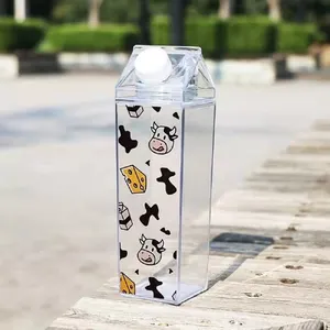 Bottiglia d'acqua per latte quadrata portatile a forma di cartone a tenuta stagna senza BPA in plastica acrilica trasparente da 500ml 1000ml