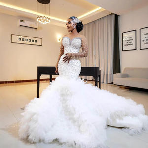 Vestido de Novia Moderno de Lujo, Sin Tirantes, Estilo Europeo Americano, Talla Grande, con Encaje Natural, Cierre de Cordones, Largo hasta el Suelo, Estilo Sirena - Product Image 1