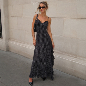 Women's V Neck Polka Dot Maxi Dress <b>Spaghetti</b> Strap Lace Trim Ruffle Hem A Line <b>Long</b> Dress Summer Beach Vacation Party Wear - Product Image 2