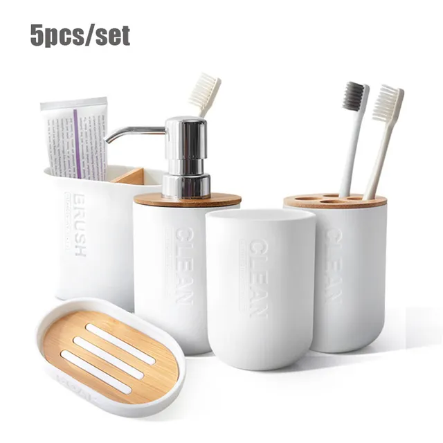 Witte Badkamer Accessoires Set 5 Stuks Bamboe Badkamer Accessoires Lotion Zeepdispenser Tandenborstelhouder Tumbler Zeepbakje