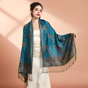 Hot Selling Elegant Peacock Blue Paisley Pashmina Scarf Shawl Hijab Headscarf For Women