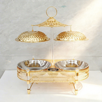BOSAI Station de chauffe-buffet ovale dorée à double colonne en acrylique, avec couvercle parapluie, en acier inoxydable, chauffée à l'alcool, 6 litres
