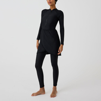 Ensemble burkini modeste noir avec logo personnalisé, fermeture éclair avant, jupe portefeuille et leggings, maillot de bain pour femmes musulmanes, commande en gros sous marque privée