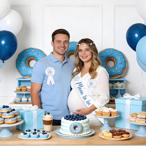 Ensemble de rubans et épingles pour baby shower sur le thème de <span class=keywords><strong>la</strong></span> pâtisserie, motif 'Bun in the Oven', bleu, dessiné à <span class=keywords><strong>la</strong></span> main, pour future <span class=keywords><strong>maman</strong></span> et future papa, avec couronne de fleurs blanches - Product Image 6