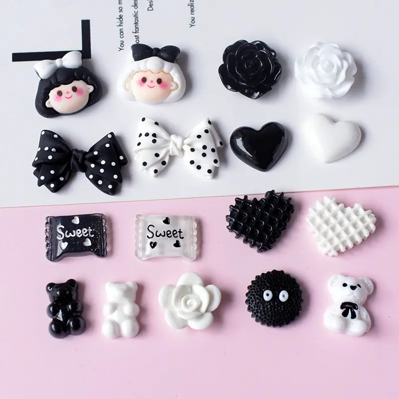 Hot Sale Diy Accessories black white series Bear girl bowknot cat flower resin craft for Decoration of phone case key pendant