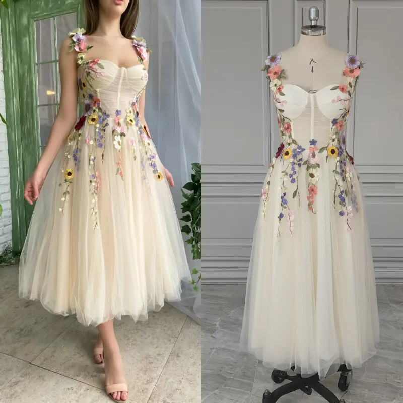 15255 # Fotos Reais 3D Flores Spaghetti Straps A linha Wedding Gown Birthday Party Dress Plus Size Mulheres Prom Evening Dresses