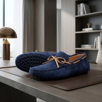 Mocassins en daim bleu marine pour hommes 2026 – Chaussures de conduite élégantes cousues main avec semelle grainée