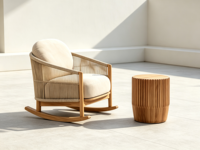 Ensemble de chaise à bascule et table d'appoint FERLY Classic en teck rainuré, fabriqué à la main, personnalisable