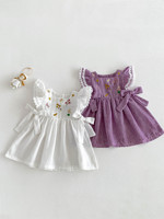 Robe d'été 2026 pour bébé fille, manches volantées, broderie florale, dentelle, nœud, coton et lin, robe décontractée de princesse pour tout-petits
