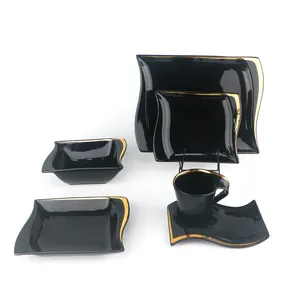 Hotel Luxus Porzellan Abendessen 36 PCS Schwarz Farbe mit Goldrand Keramik Endless Corner Geschirr Geschirr Sets