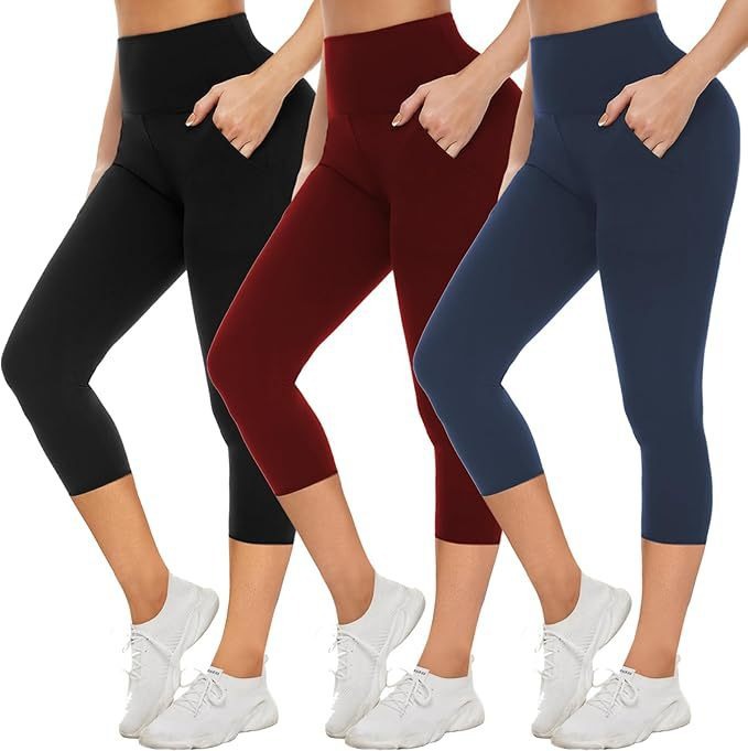 TNNZEET Women's High Waisted Capri Leggings Pockets-Black Spandex/Polyester Solid Four-Way Stretch Yoga Pants Tummy Control