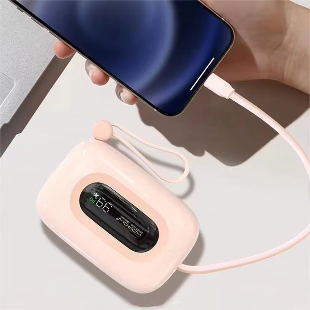 Stylish Sleek Design Vivid Color Ultra Mini OEM Fast Portable Charger 10000Mah Power Bank With LED Display Built in Type C Cable