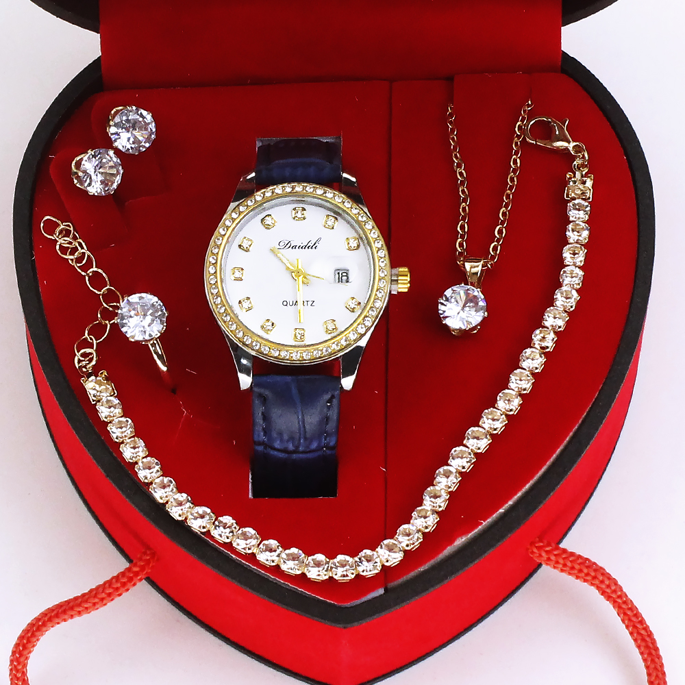 Orologio con cinturino blu e quadrante bianco + gioielli